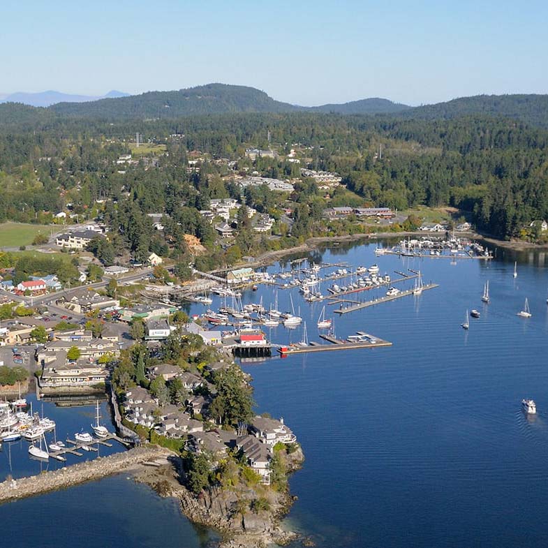 saltspring-island-aerial-tn Aerial view of a coastal town with marina and surrounding forests in Saanich North and the Islands.
